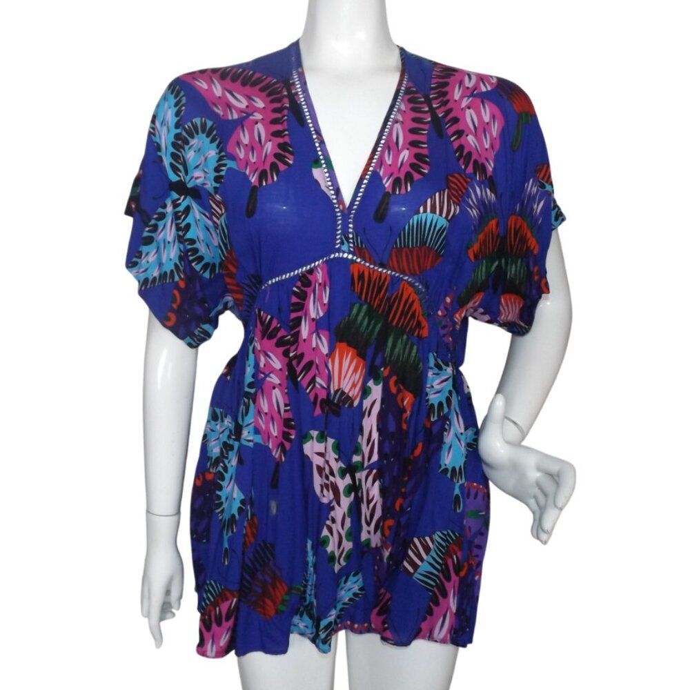 DESIGUAL Top/Tunic, S, Crochet accent, Blue/Floral, Open back/Tie, Short sleeve